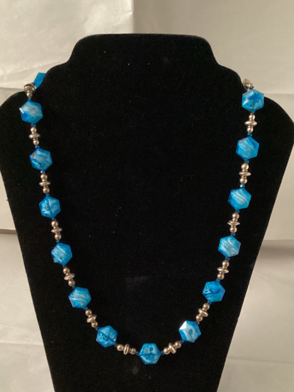Blue glass Faceted Bead Necklace with Silver Accents
